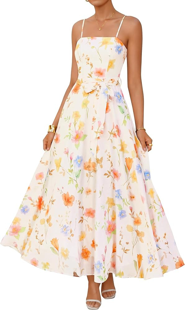 ZESICA Women's Summer Floral Maxi Dresses 2026 Sleeveless Spaghetti Straps A Line Flowy Wedding G... | Amazon (US)