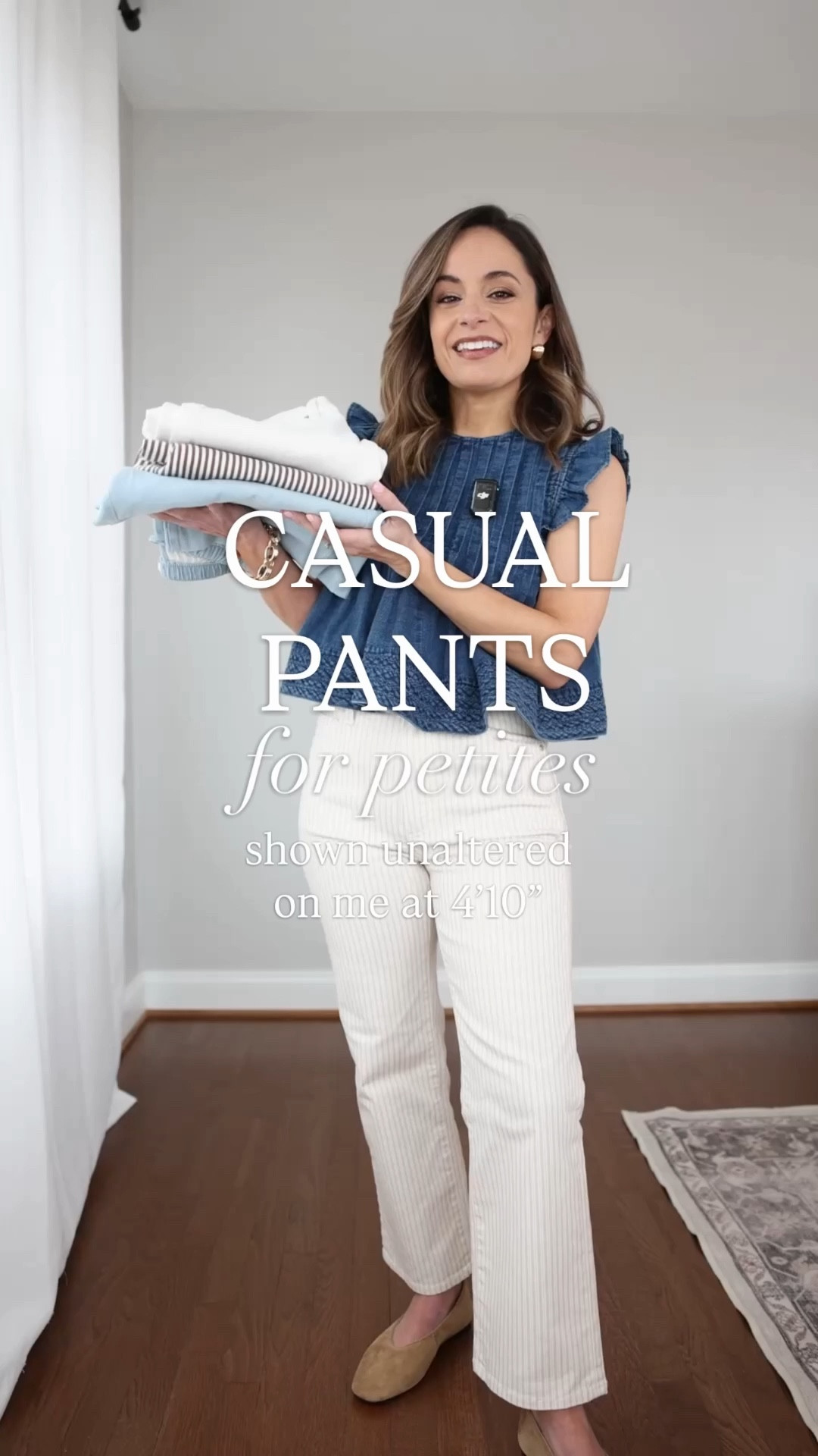 Casual pants for petites! 

PAIGE Anessa: petite 24 - 10.5” rise, 25.5” inseam. TTS 
Denim top (Anthropologie): xxs 

LOFT Palmer: petite xxs/00 - 10.5” rise, 25.5” inseam. These run a little large with stretch. Size down if in between sizes. 
White tank top (Quince): xs 
Jacket (LOFT): petite xxs 

BR Factory White Jeans: petite 24 - 10” rise, 27.5” inseam. TTS but they stretch with wear. 
Top (LOFT): petite xxs 

LOFT Sawyer Pants: petite xxs - 9” rise, 27” inseam. TTS 
White tank top (Quince): xs 

Shoes shown are all true to size and linked below. 

#LTKPetite