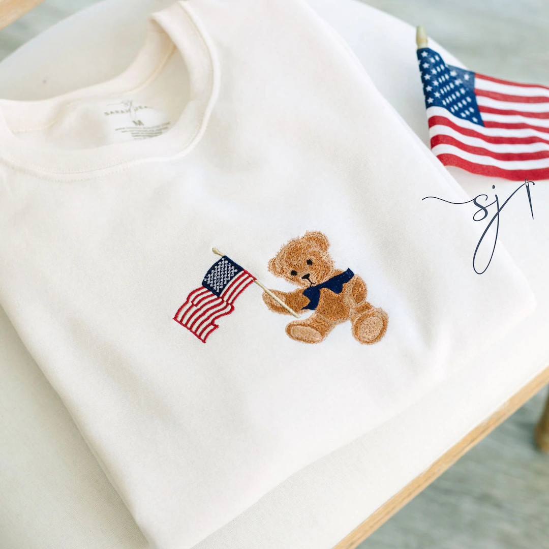 American Teddy Embroidered Adult Crewneck Sweatshirt Fourth of July Summer Red White and Blue, Pa... | Etsy (US)