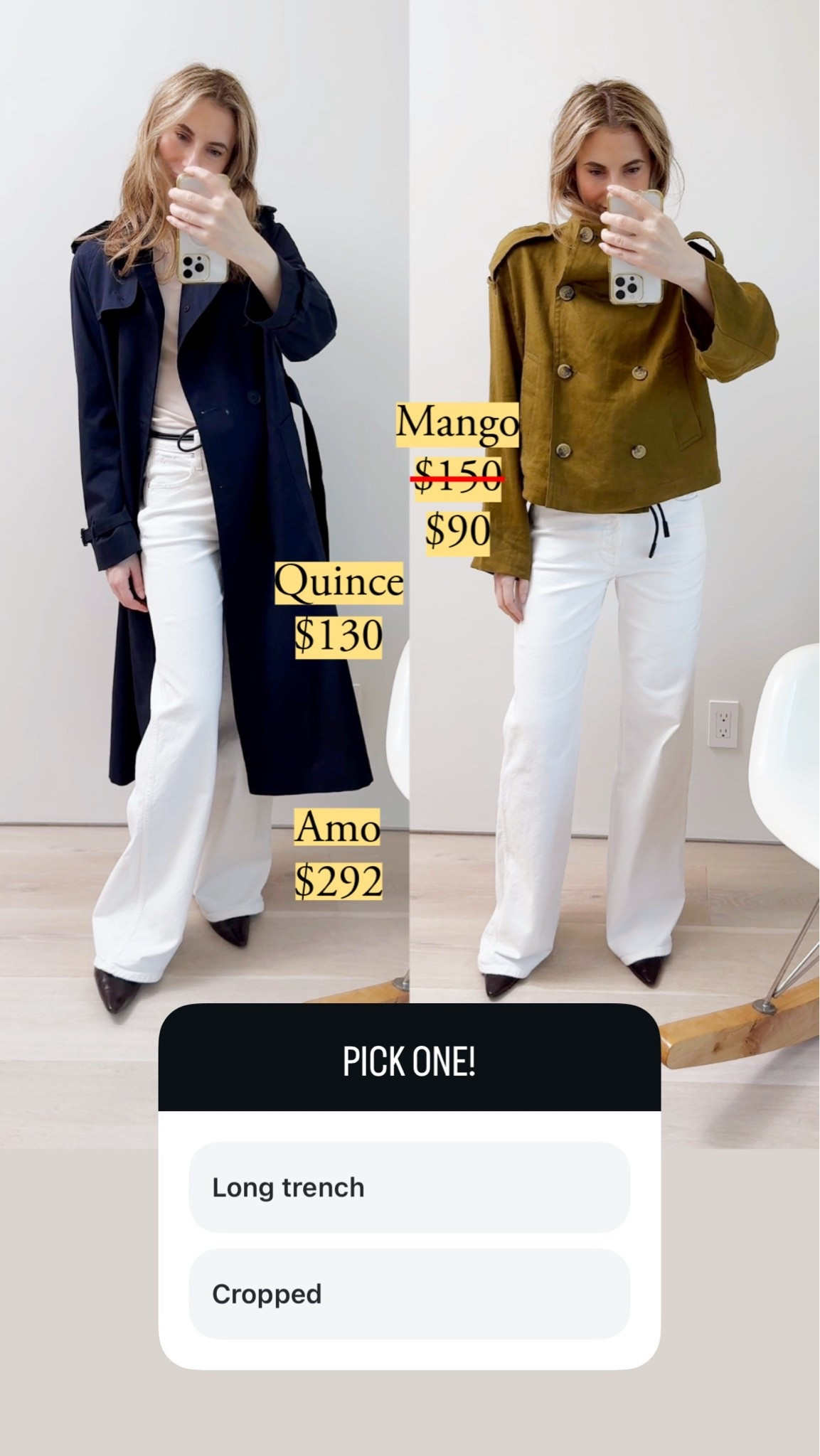 Two takes on spring outerwear over white wide-leg flares: a classic long trench versus a cropped double-breasted linen jacket that keeps its sculptural collar without going stiff. The Uniqlo tee surprises with real weight and a structured crewneck, and the COS belt's rolled leather edge and tipped ends elevate even slouchy denim. Size info noted for each item. My kitten heels are Massimo Dutti and OOS, so I have alternatives that I love. white wide leg flare jeans, high waisted white jeans, classic long trench coat, navy trench coat, cropped linen jacket, double breasted linen jacket, khaki jacket, dusty pink crewneck tee, fitted cotton tee, rolled leather belt, pointy kitten heels, spring outerwear, neutral spring outfit, Quince, Uniqlo, Amo denim, Mango, COS

#LTKootd