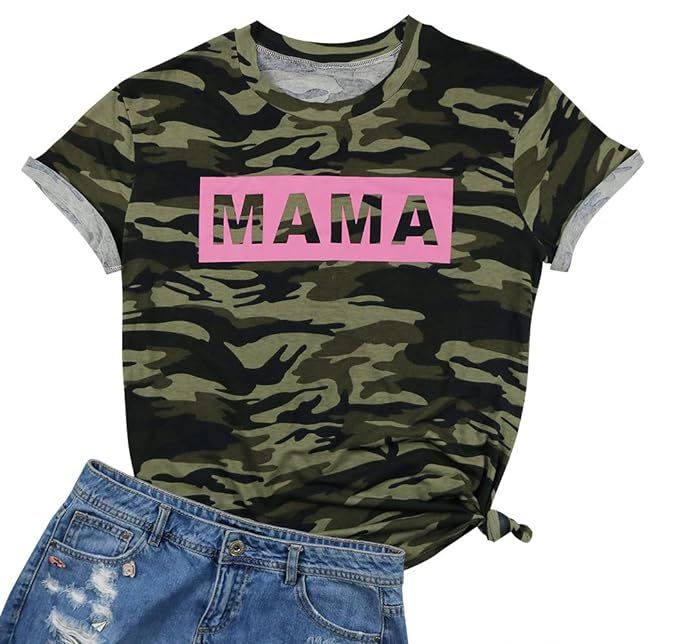 EGELEXY Women's Camo Camouflage T Shirt Mama Letters Print Tops Tee Short Sleeve Mom Mother's Gift | Amazon (US)
