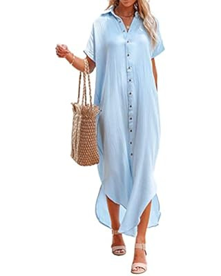 Dokotoo Womens Casual Short Sleeve Side Split Button Down Long Kimonos Cardigans Swimsuit Cover U... | Amazon (US)