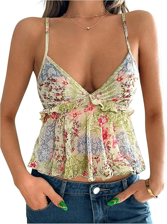 Verdusa Women's Floral Mesh Ruffle Camisole Tops Sleeveless Lettuce Trim Peplum Tops | Amazon (US)