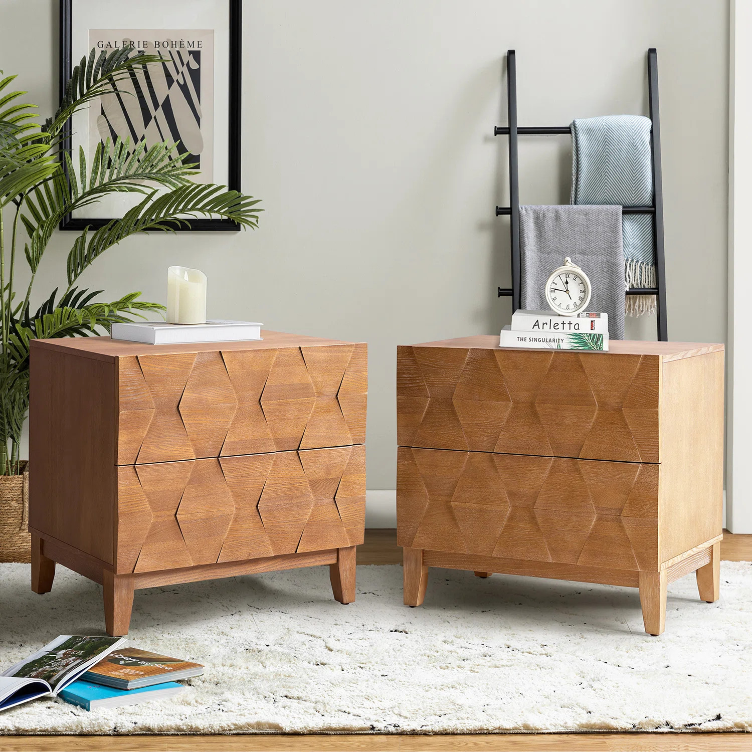 Sara Midcentury Modern 26''W 2-Drawer End Table with Charging Station and Solid Wood Legs (Set of... | Wayfair North America