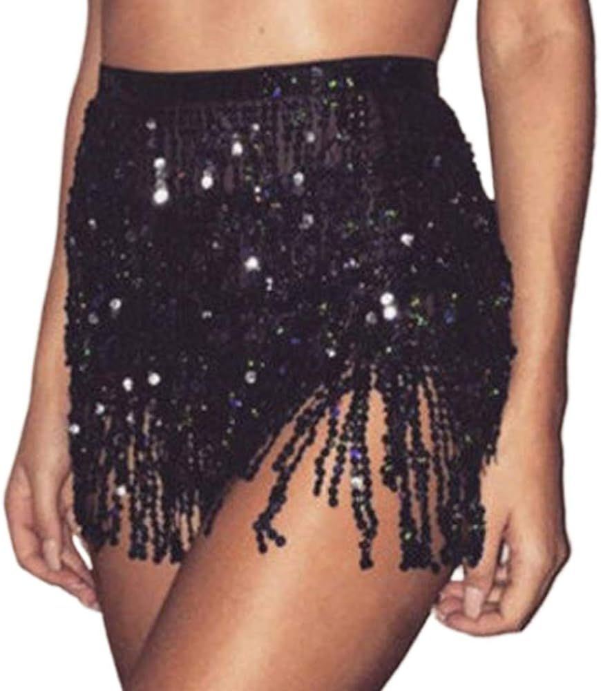 DRESBE Sequin Fringe Skirt Sparkly Belly Dance Hip Scarf Tassel Waist Wrap Belt Skirts Party Rave Co | Amazon (US)