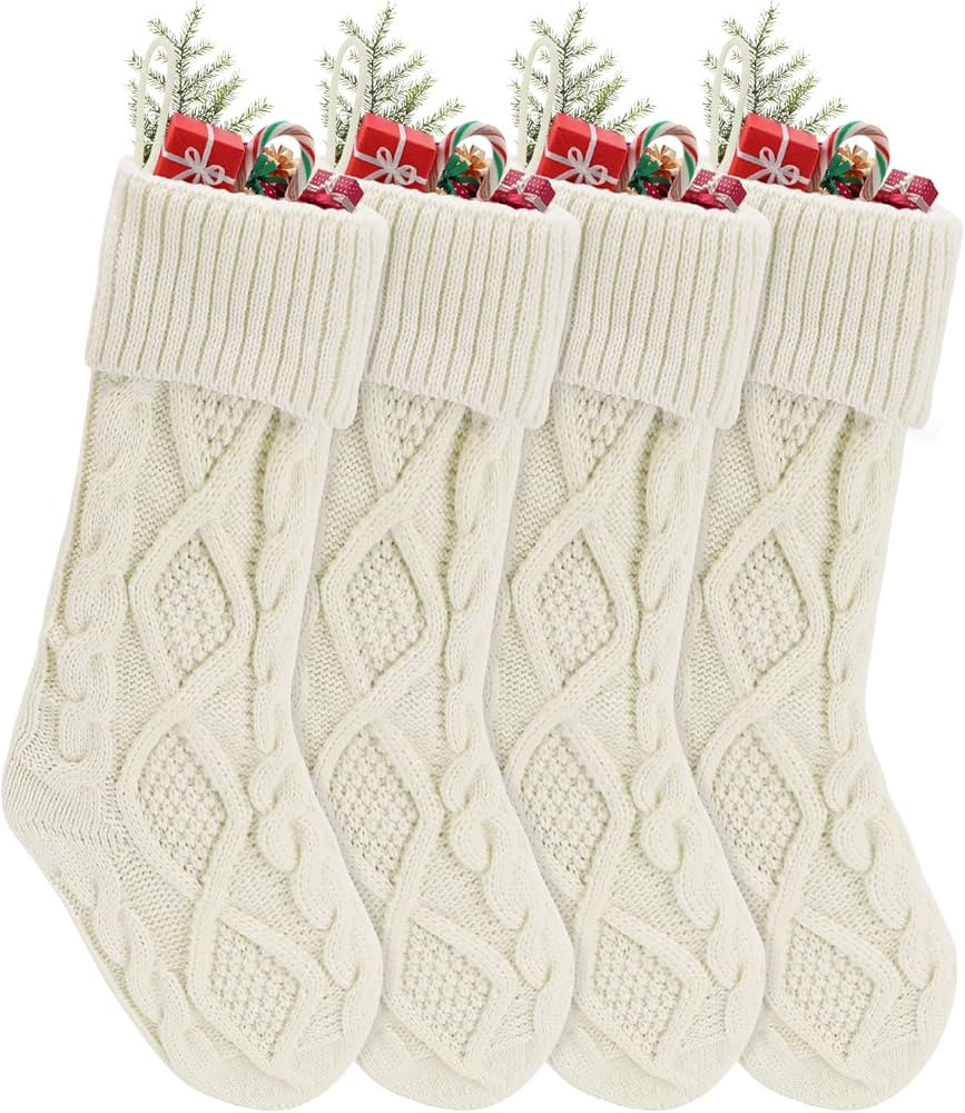 chamvis Christmas Stockings Cable Knitted Xmas Stockings, 4 Pack 18 Inches Fireplace Hanging Whit... | Amazon (US)