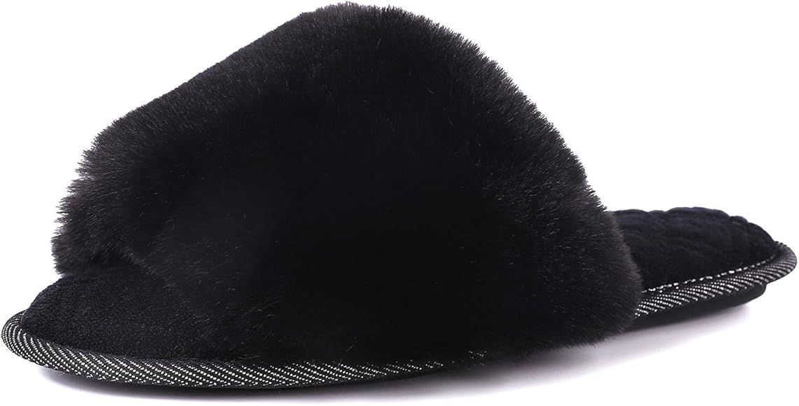 Women's Fuzzy Faux Fur Memroy Foam Flat Spa Slide Slippers Open Toe House Shoes Sandals | Amazon (US)