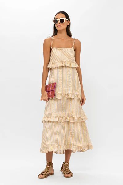 Tie Strap Ruffle Midi- Samoa Tan Gold | Oliphant Design