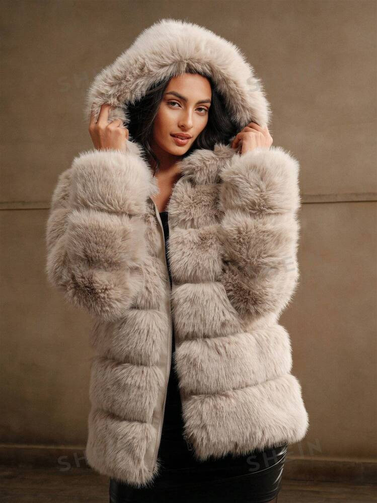 Anewsta Women's Fashion Faux Fox Fur Trim Long Coats, Autumn/Winter New Arrival High-End Lady Fur... | SHEIN