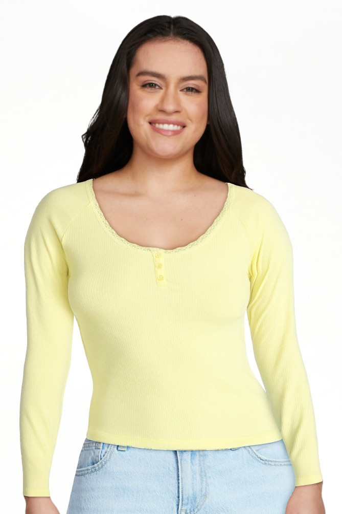 No Boundaries Long Sleeve Henley Top with Lace Trim, Women's XXS-XXL | Walmart (US)