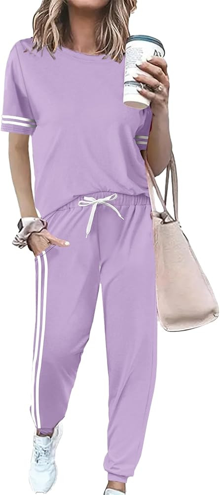 Women 2 Piece Outfits Summer Set Striped Short Sleeve Sweatsuits Crew Neck Pullover Lounge Tracks... | Amazon (US)
