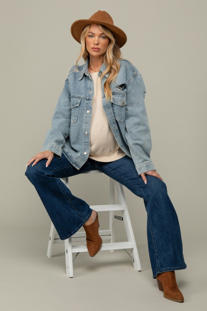 Light Blue Front Pocket Denim Maternity Shacket | PinkBlush Maternity