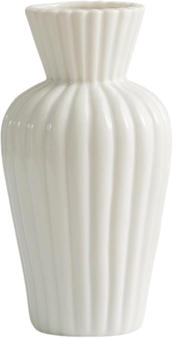 Minimalist White Ceramic Vase for Home Decor - 9.25" Modern Fluted Flower Bud/Table Centerpiece -... | Amazon (US)