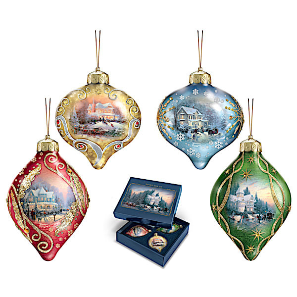 Thomas Kinkade Light Up Christmas Glass Ornament Collection with Timer | Bradford Exchange