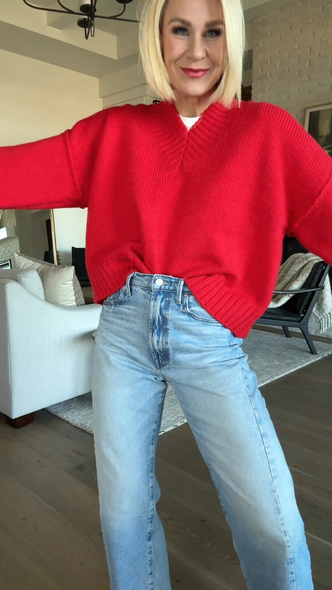A simple, but not boring, casual Winter outfit.
🚨This red sweater is on sale and selling fast! More colors available.
Sizing: everything fits tts, except go down 1/2 size in sneakers.
Wearing a medium in the sweater, size 27 jeans, medium white tee, and sized down 1/2 size from my normal shoe size in adidas’s 

#LTKSeasonal #LTKSaleAlert #LTKOver40