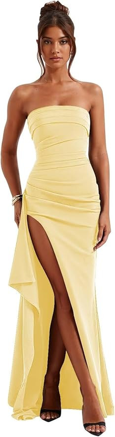 Strapless Prom Dresses for Women Mermaid Satin Long Ruffles Formal Evening Party Gown | Amazon (US)