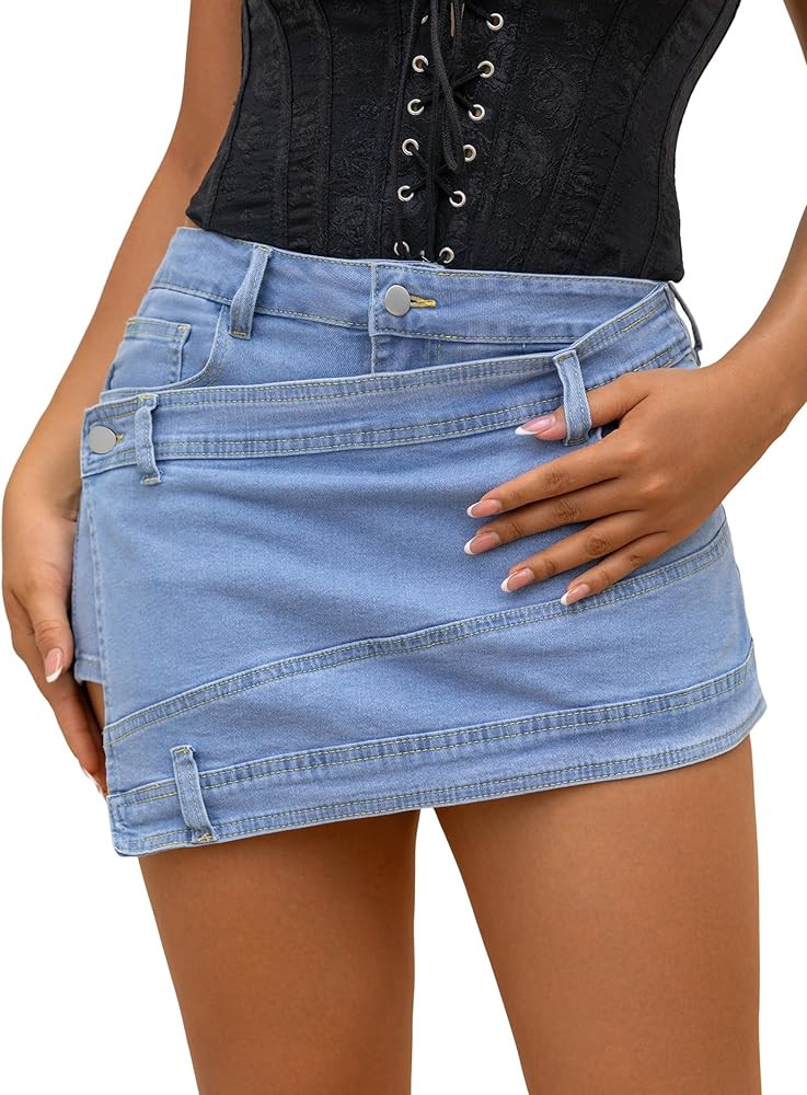 Denim Skort for Women High Waisted Asymmetrical Wrap Jean Skorts A-Line Stretchy Skinny Cargo Min... | Amazon (US)