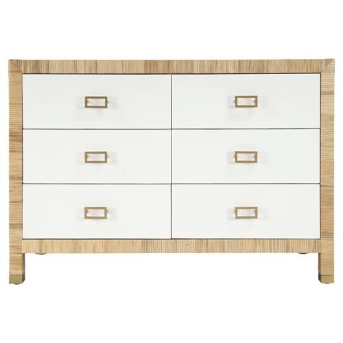 Will Coastal Beach Natural Woven Rattan White Wood Gold 6 Drawer Double Dresser | Kathy Kuo Home