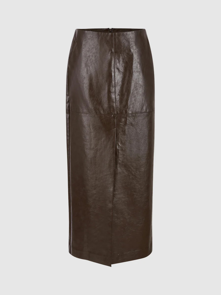 Vegan Leather Midi Straight Skirt | Urban Revivo