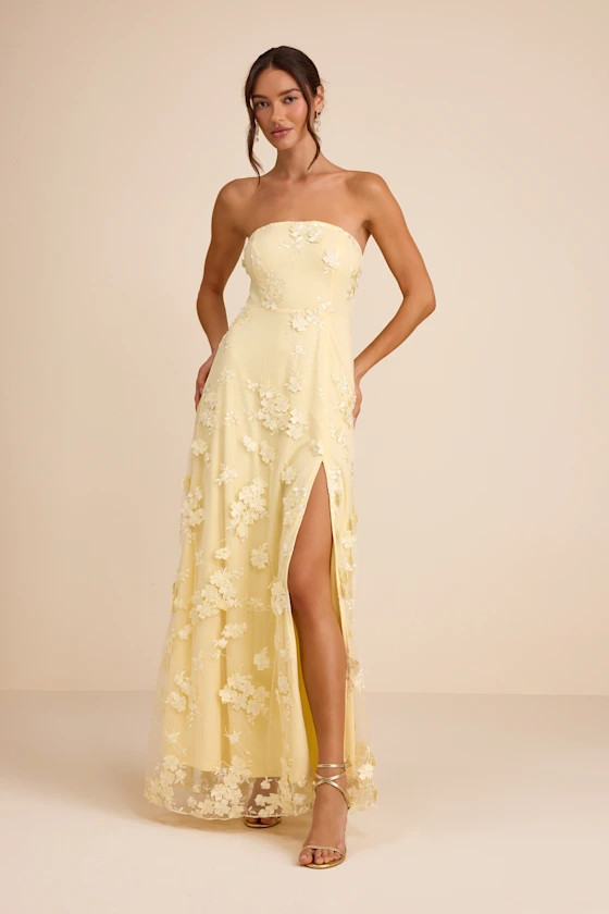 Rare Presence Light Yellow 3D Floral Embroidered Maxi Dress | Lulus