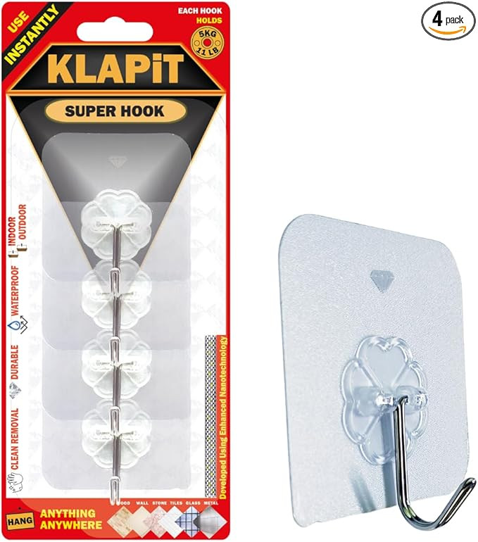 KLAPiT Super Hook - Heavy-Duty Adhesive Wall Hooks, Holds Up to 11 lbs, Waterproof, No Damage, Ea... | Amazon (US)