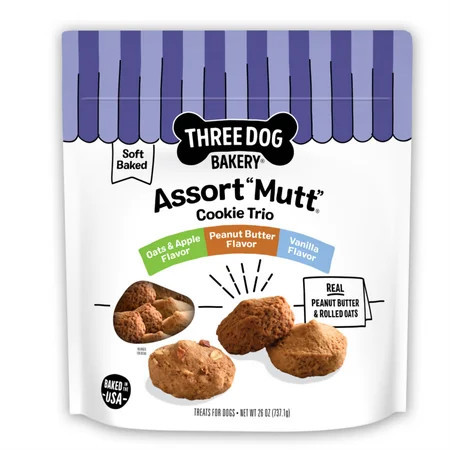 Three Dog Bakery Peanut Butter, Vanilla, Oats & Apple Flavor Soft Dog Treats, 26 oz. Bag | Walmart (US)