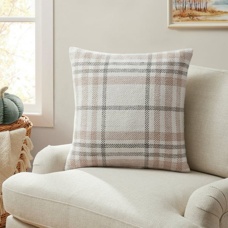 My Texas House 20" x 20" Ophelia Taupe Plaid Cotton Decorative Pillow | Walmart (US)