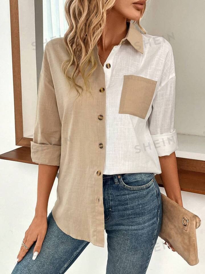 SHEIN LUNE Two Tone Drop Shoulder Pocket Patched Shirt | SHEIN