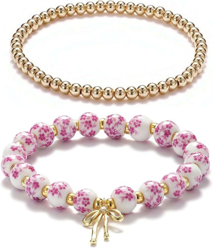 Beads Bow Charm Bracelet for Women Flower Vintage Bracelet Handmade Stretch Beaded Dainty Romanti... | Amazon (US)