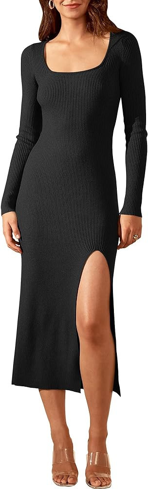 ANRABESS Women's 2023 Trendy Long Sleeve Sweater Dress Square Neck Side Slit Bodycon Ribbed Knit ... | Amazon (US)