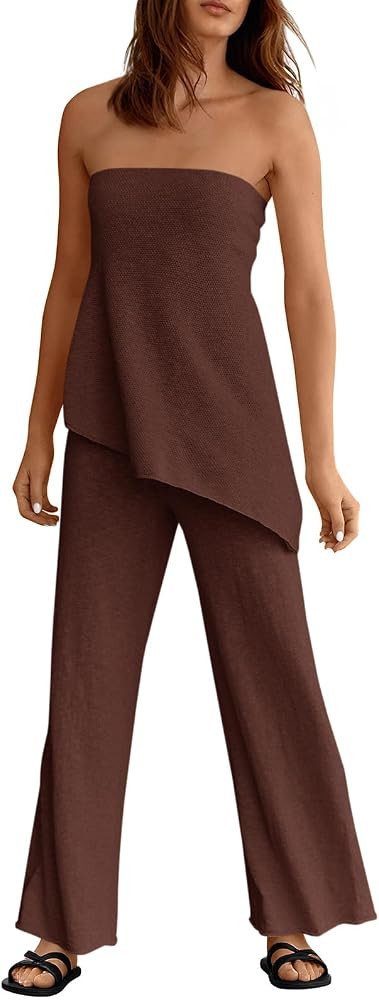 Tankaneo Womens 2 Piece Outfits Asymmetrical Tube Top Wide Leg Pants Knit Vacation Travel 2026 Ma... | Amazon (US)