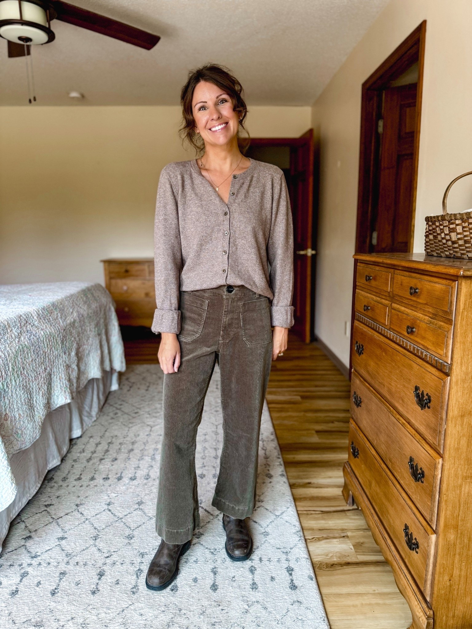 Wearing medium in my cardigan (linked this year’s version—mine is a few years old!) , 0 in my corduroy wide leg pants (also linked the flare and straight leg versions) and my blundstone boots fit true to size at a size 6.

#LTKPetite #LTKootd #LTKSeasonal