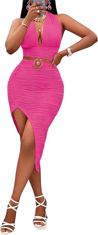 Womens 2 Piece Outfits Sexy Club Outwear Night Out Crop Top and Bodycon Skirt Set Dresses | Amazon (US)