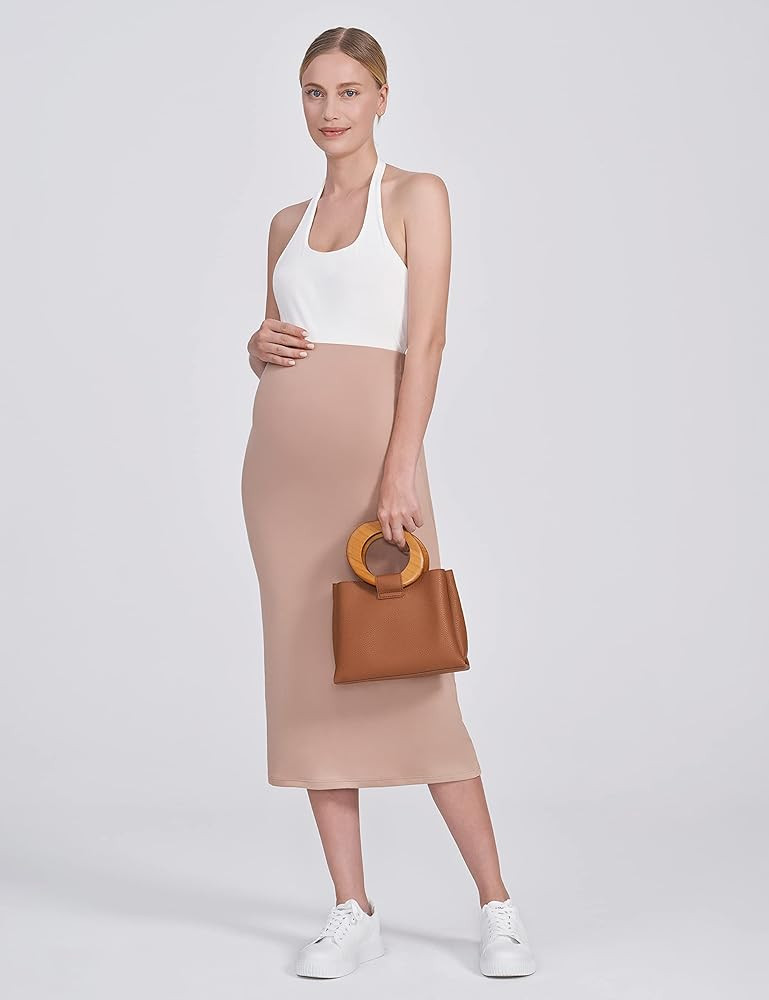 POSHDIVAH Women's Maternity Skirt Over The Belly Midi High Waisted Solid Stretchy Pregnancy Pencil S | Amazon (US)