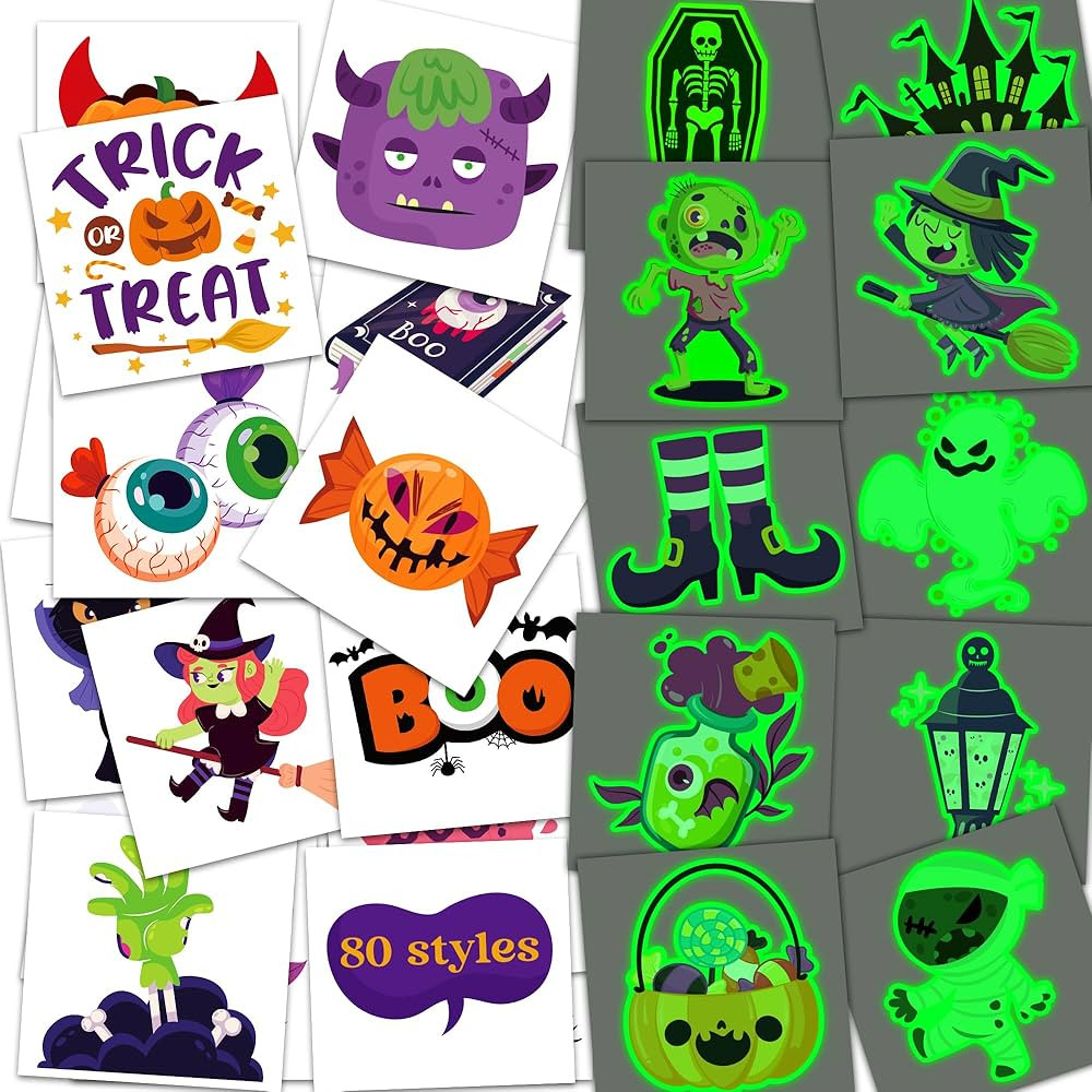 Glow Halloween Tattoos for Kids - 80 Styles,2 inch Halloween Party Favors - Halloween Games Treat... | Amazon (US)