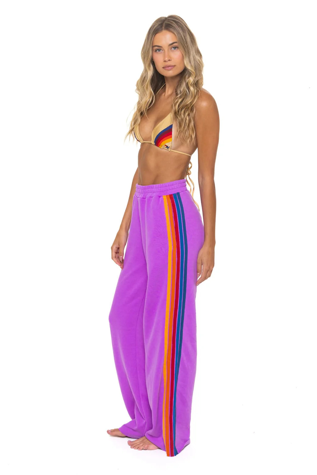 Neon Purple 5 Stripe Wide Leg Sweatpants | Aviator Nation | Aviator Nation
