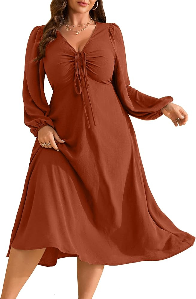 RWJ Fall Wedding Guest Dresses for Women Plus Size V Neck Long Sleeve Tie Front Cocktail Maxi Dre... | Amazon (US)