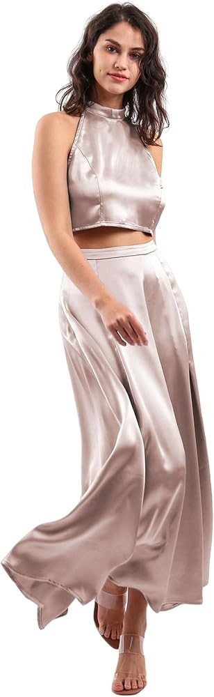 Amazhiyu Women Satin Two-Piece Outfits Summer Halter Crop Top and Maxi Skirt Set | Amazon (US)