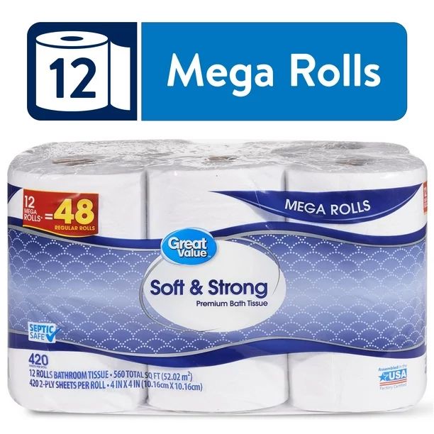 Great Value Soft & Strong Premium Toilet Paper, 12 Mega Rolls - Walmart.com | Walmart (US)