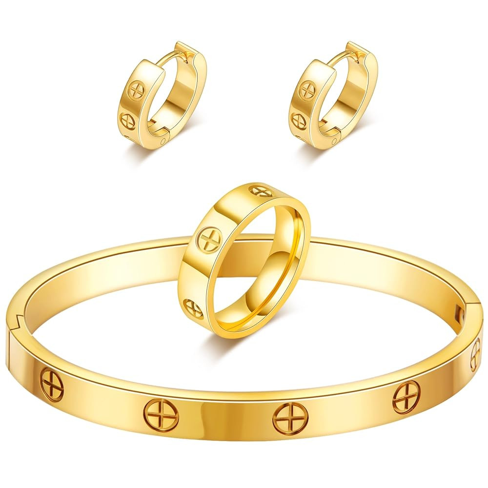 3 Pcs Gold Hoop Earrings Bracelets Ring Sets for Women-18K Gold Plated Love Bracelet Cubic Zircon... | Amazon (US)