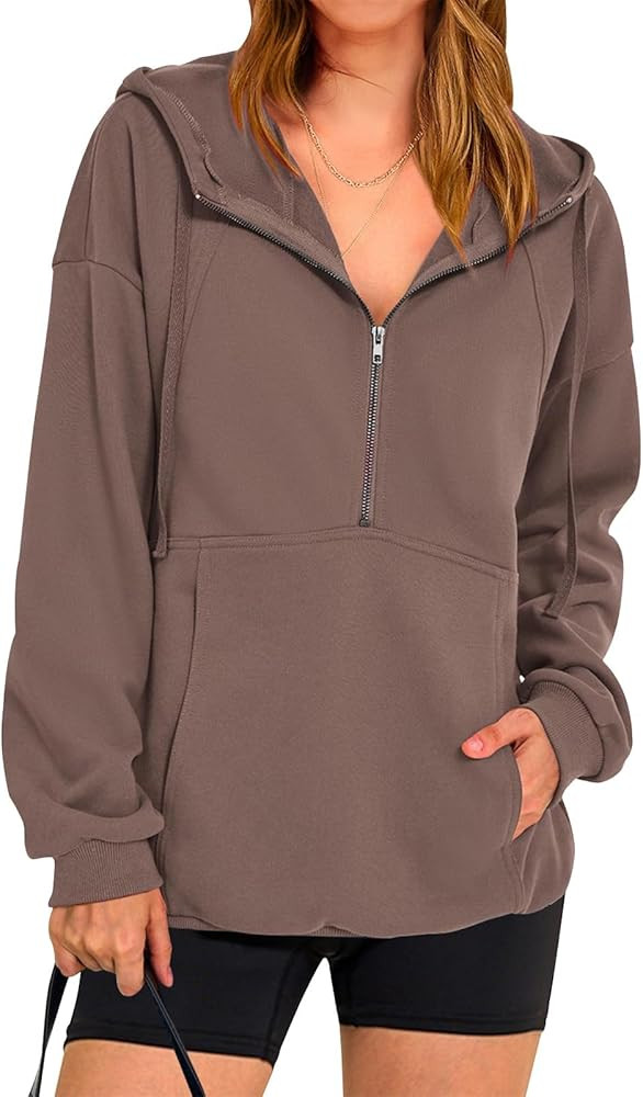 PRETTYGARDEN Women's Casual Long Sleeve Zip Up Hoodie Sweatshirt Drawstring Loose Quarter Zip Pul... | Amazon (US)