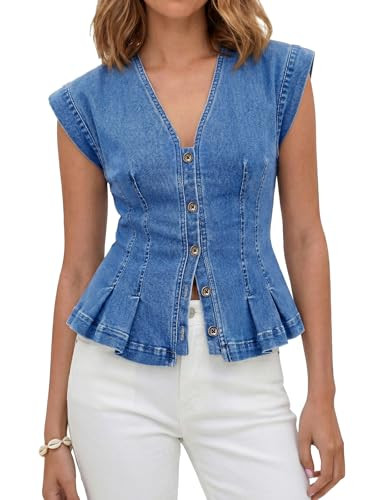 Tankaneo Womens V Neck Denim Vests Tops Trendy Summer Casual Button Down Y2k Fitted Pleated Sleev... | Amazon (US)