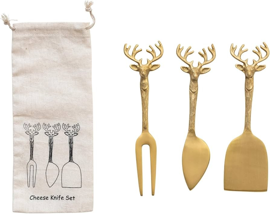 Creative Co-Op Reindeer Handle Brass Cheese Knives, Brass, Set of 3 | Amazon (US)