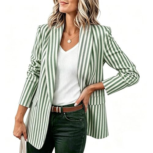 Summer Blazers for Women Lightweight Striped Blazers for Women Lapel Open Front Long Sleeve Work Office Dressy Jackets Business Casual Blazer with Pockets Summer Capsule Wardrobe Green L | Amazon (US)