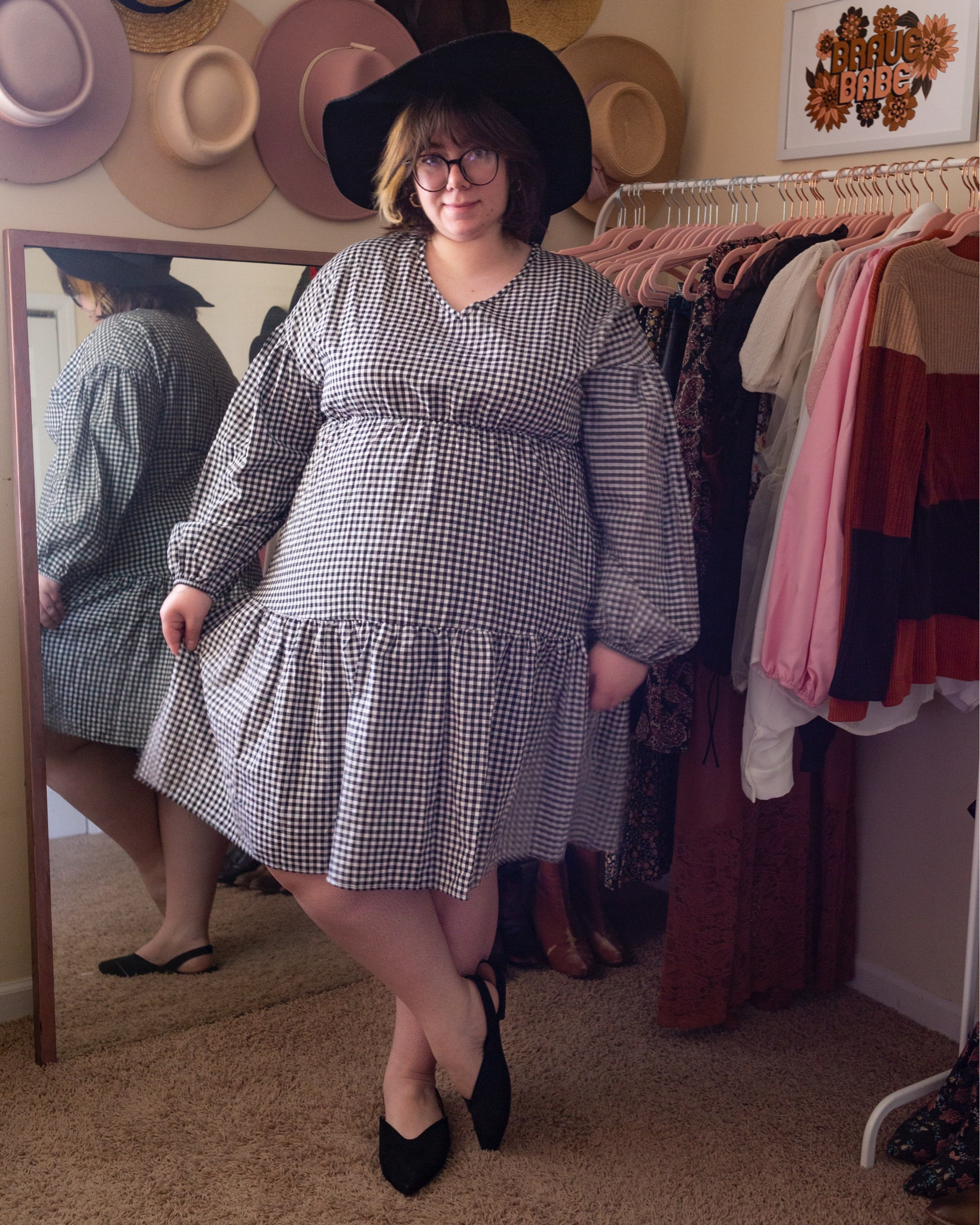 Plus size gingham tiered dress wide brim hat sling back flats early fall outfit

#LTKSeasonal #LTKstyletip #LTKplussize