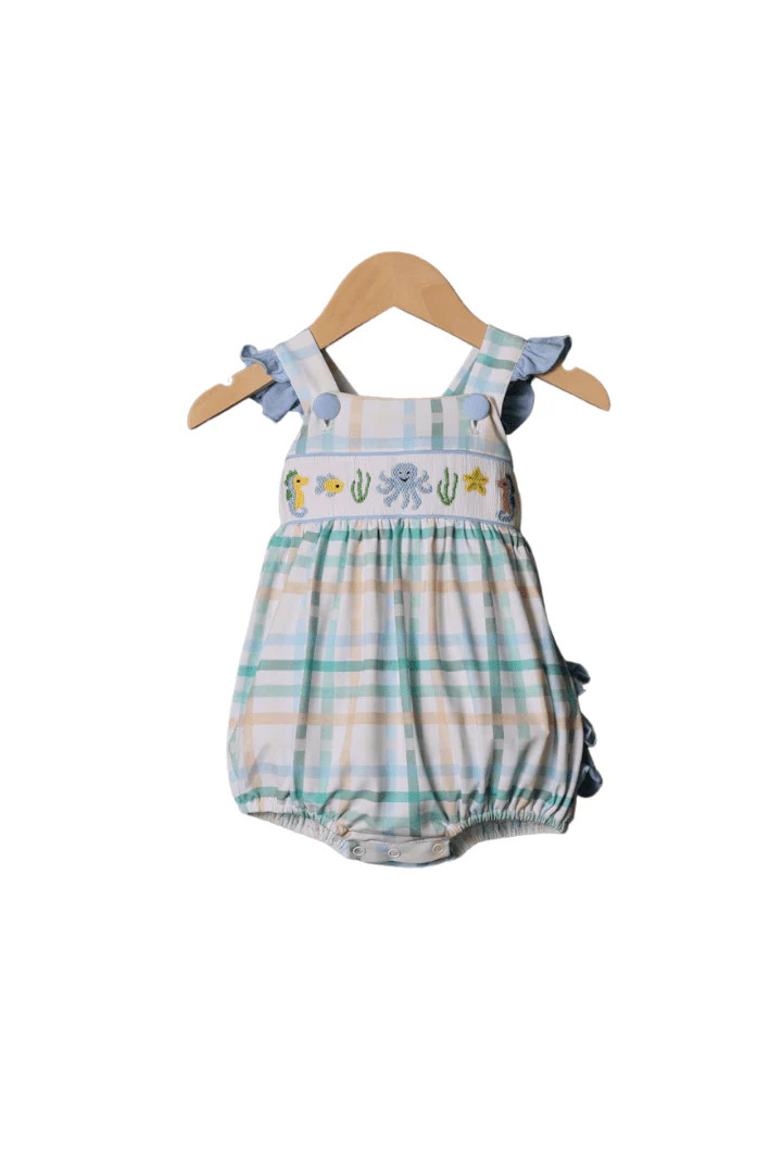 Smocked Ocean Creature Blue Plaid Ruffle Bubble | The Smocked Flamingo