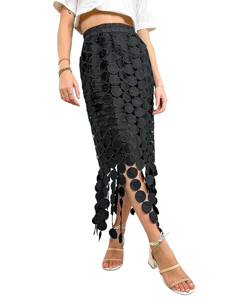 Arssm Womens Hollow Out Maxi Skirts Boho Fringe Hem Skirt Elastic High Waist Long Skirt Flowy Out... | Amazon (US)