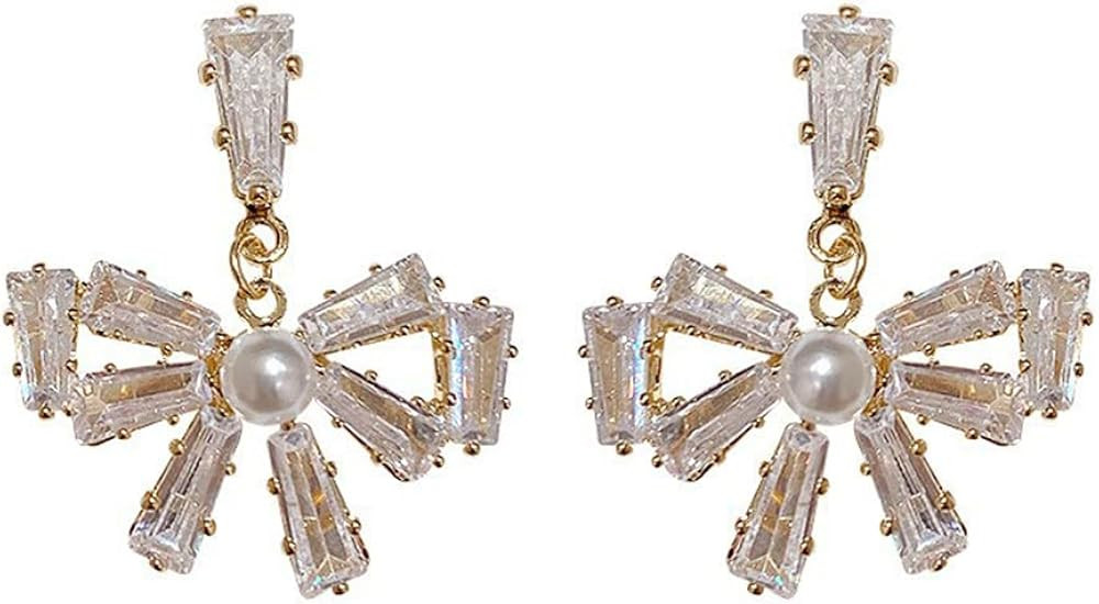 Rhinestone Bow Knot Dangle Stud Earrings Sterling Silver Pins Dainty Cubic Zirconia Crystal Pearl... | Amazon (US)