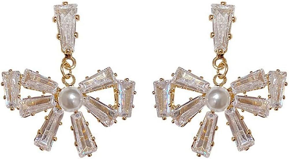 Rhinestone Bow Knot Dangle Stud Earrings Sterling Silver Pins Dainty Cubic Zirconia Crystal Pearl... | Amazon (US)