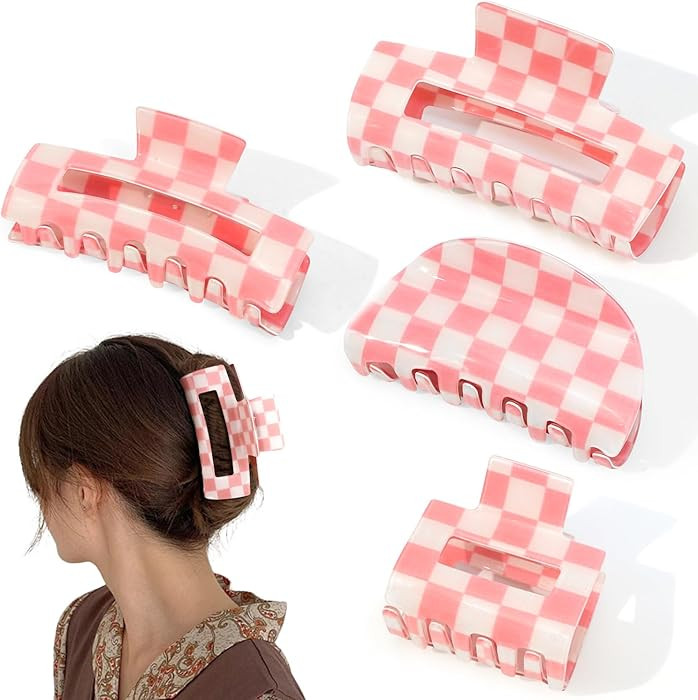 CHANACO Checkered Claw Clip 4 Pcs Checkered Hair Clip Large Claw Clips for Thick Hair Pink Tortoi... | Amazon (US)